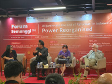 University of Melbourne Asia Institute's Asian Studies professor Vedi Hadiz (second left) speaks as Atma Jaya Catholic University lecturer Stefani Haning Swarati (left), University of Indonesia sociology professor Francisia Saveria Sika Ery Seda (second right) and Murdoch University emeritus professor Richard Robison look on at a discussion in Jakarta on June 4, 2026.