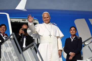 Pope Leo XIV waves as he boards the papal plane at Fiumicino Airport, near Rome, Italy, on June 6, 2026 ahead of his apostolic journey to Spain.