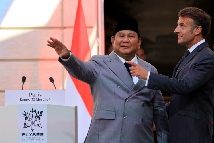 President Prabowo Subianto (left) and French President Emmanuel Macron  gesture during a joint press statement at the Elysee Presidential Palace in Paris, France on May 28, 2026.