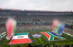 This view shows the Mexican and South African flags during the opening ceremony ahead of the 2026 World Cup Group A football match between Mexico and South Africa at the Mexico City Stadium in Mexico City on June 11, 2026.
