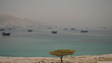 Vessels are anchored in the Strait of Hormuz, as seen from Musandam, Oman, June 11, 2026. 