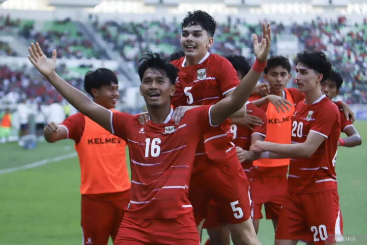 Indonesian U-19 national team player Muhammad Al Gazani Dwi Sugandi (front) celebrates with his teammates after scoring a goal against Cambodia on June 13 during their third-place playoff at the ASEAN U19 Boys&rsquo; Bank Sumut Championship 2026 at North Sumatra Main Stadium in Deli Serdang. Australia won the Championship after defeating Thailand 2-0.