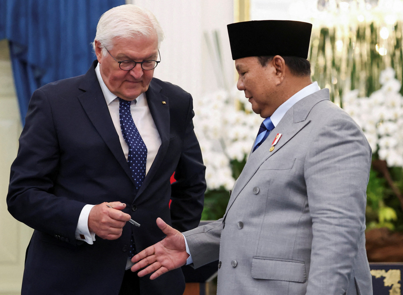 President Prabowo Subianto (right) greets German President Frank-Walter Steinmeier at the Presidential Palace complex in Jakarta on June 15, 2026. 