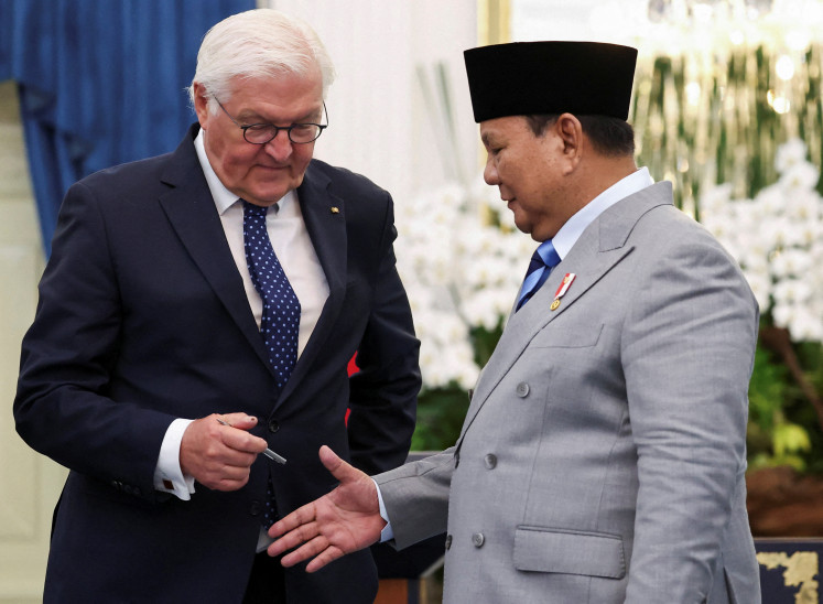 President Prabowo Subianto (right) greets German President Frank-Walter Steinmeier at the Presidential Palace complex in Jakarta on June 15, 2026. 