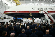 United States President Donald Trump speaks in front of the new Air Force One, gifted to him by Qatar, in a hangar at Joint Base Andrews in Maryland, the US on June 19, 2026. White House officials bade farewell on June 18 to one of the two jets that have been used to transport US presidents for more than 30 years.