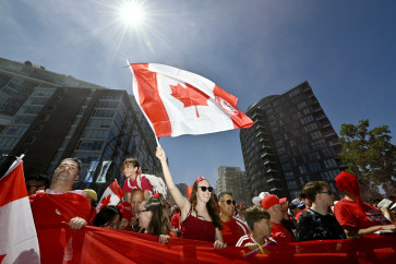 Canada fans meet in Vancouver, Canada and march to the stadium before the 2026 FIFA World Cup Group B match between Canada and Qatar on June 18, 2026.