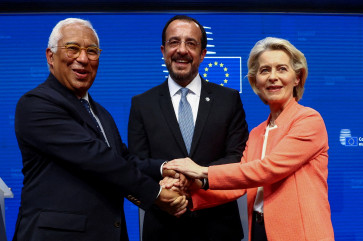 European Council President Antonio Costa and European Commission President Ursula von der Leyen congratulate Cyprus President Nikos Christodoulides on the Cyprus' European Union presidency, following a European Union leaders' summit in Brussels on June 19, 2026.