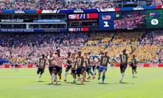 United States soccer player Alex Freeman celebrates with teammates after scoring his team's second goal during the FIFA World Cup 2026 Group D match between US and Australia at Seattle Stadium in Seattle, the US on June 19, 2026.