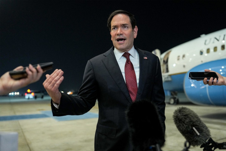 US Secretary of State Marco Rubio speaks to the media upon arrival at al-Bateen Executive Airport in Abu Dhabi on June 23, 2026, on the first stop of a tour of Gulf states aimed at showing solidarity with key allies hit hard by the Middle East war. Rubio's delicate mission comes with Gulf countries having paid a heavy economic price for the US and Israel's decision to go to war with Iran against their wishes, prompting Tehran to lash out at its regional neighbors.