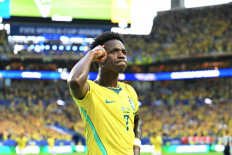 Brazil's forward #07 Vinicius Junior celebrates after scoring his team's second goal during the 2026 World Cup Group C football match between Scotland and Brazil at the Miami Stadium in Miami Gardens on June 24, 2026.