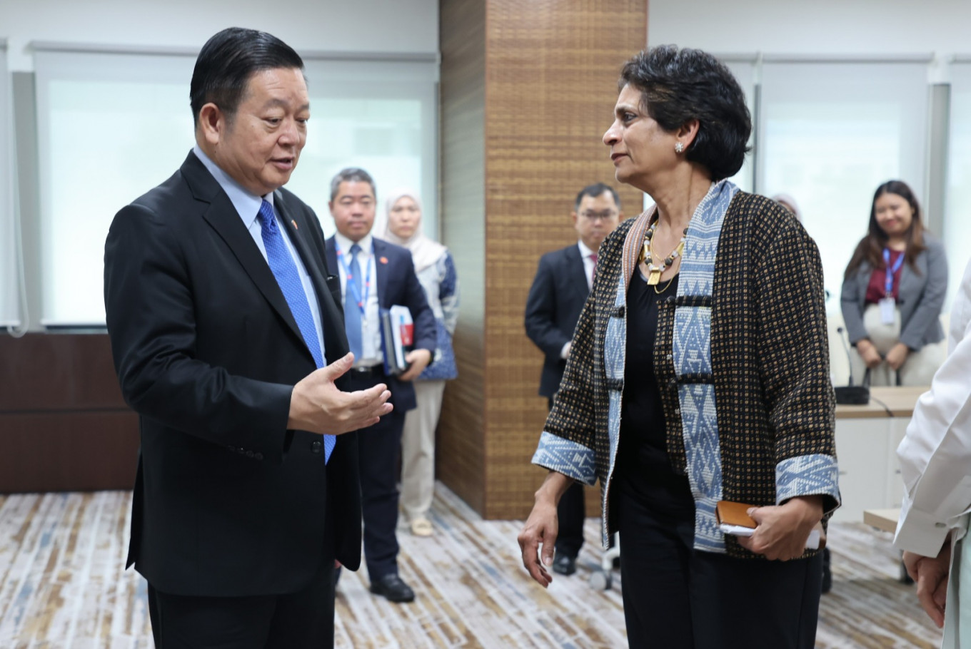 ASEAN Secretary-General Kao Kim Hourn (left) talks with United Nations Assistant Secretary-General and Regional Director for Asia and the Pacific at the UN Development Program (UNDP) Kanni Wignaraja during the latter's courtesy visit at the ASEAN Secretariat in Jakarta in this undated photo released by the UNDP on June 23, 2026. Wignaraja concluded her week-long official visit to Indonesia, reaffirming the UNDP&rsquo;s commitment to supporting the country&rsquo;s efforts to advance sustainable development, strengthen climate resilience and create opportunities for people and communities across the archipelago.