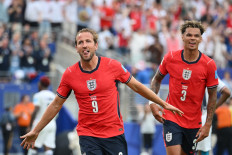 England's forward #09 Harry Kane celebrates scoring his team's second goal during the 2026 World Cup Group L football match between Panama and England at the New York/New Jersey Stadium in East Rutherford on June 27, 2026.