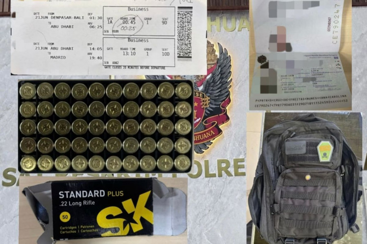 Pieces of evidence are confiscated by the police from a Portuguese woman who carried 50 .22 Long Rifle bullets in her backpack as shown in this composite picture released on June 20, 2026, by the I Gusti Ngurah Rai International Airport Police. The Portuguese woman was arrested at 11:28 p.m. local time on the same day when she was going to fly to Abu Dhabi.
