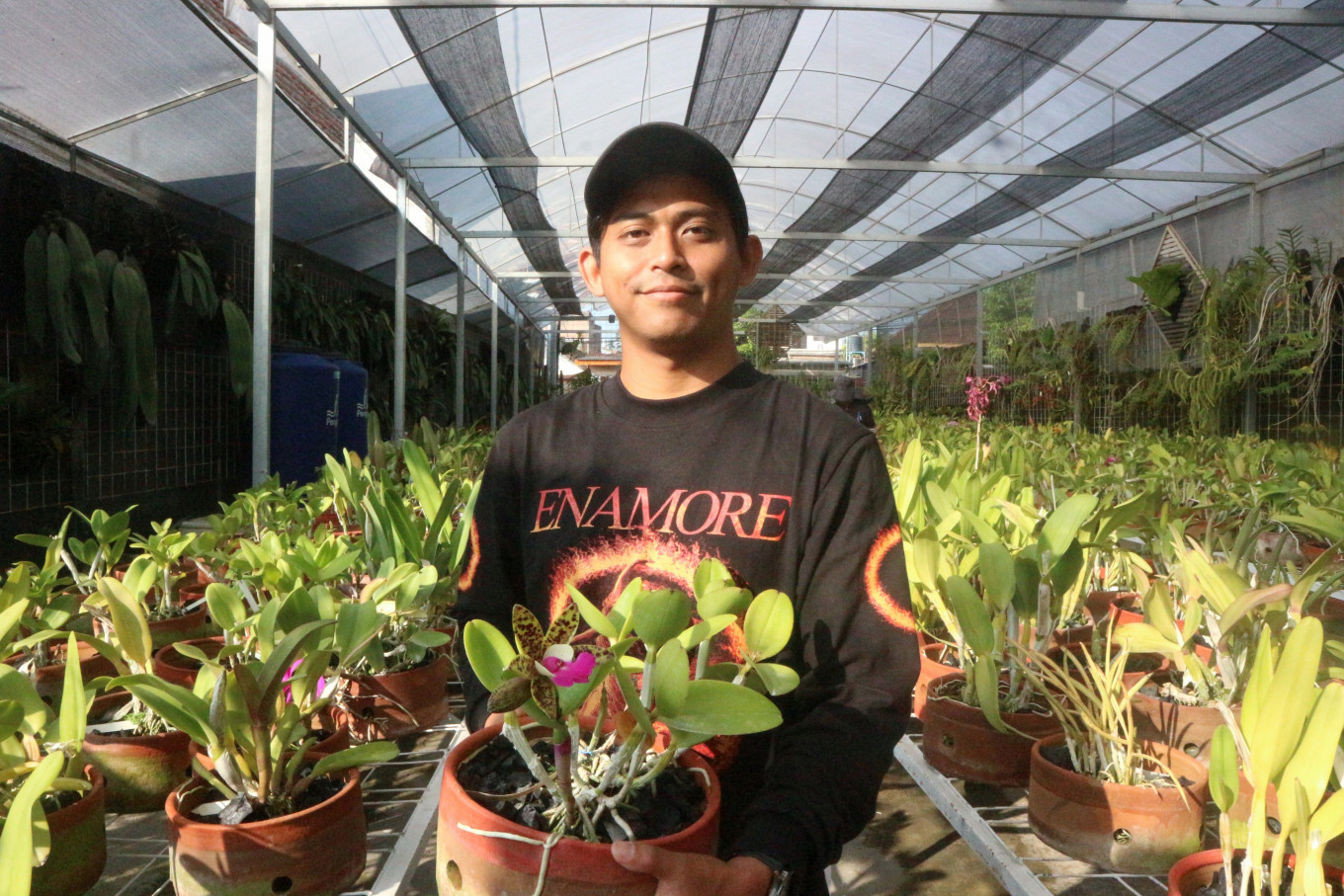 Growing roots: Enamore drummer Ezra Adinugroho stands among orchid plants on June 3 at DD Orchid Nursery in Batu, East Java.