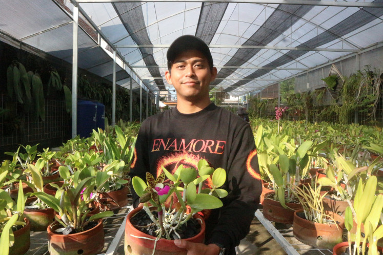 Growing roots: Enamore drummer Ezra Adinugroho stands among orchid plants on June 3 at DD Orchid Nursery in Batu, East Java.