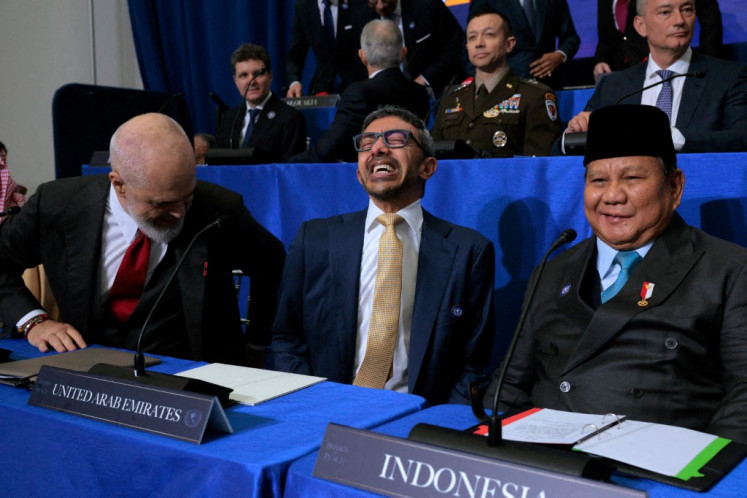 President Prabowo Subianto (right) attends the inaugural meeting of the Board of Peace on Feb. 19, 2026, alongside United Arab Emirates Deputy Prime Minister Abdullah bin Zayed Al Nahyan (center) and Albanian Prime Minister Edi Rama at the Donald J. Trump Institute of Peace in Washington, D.C.