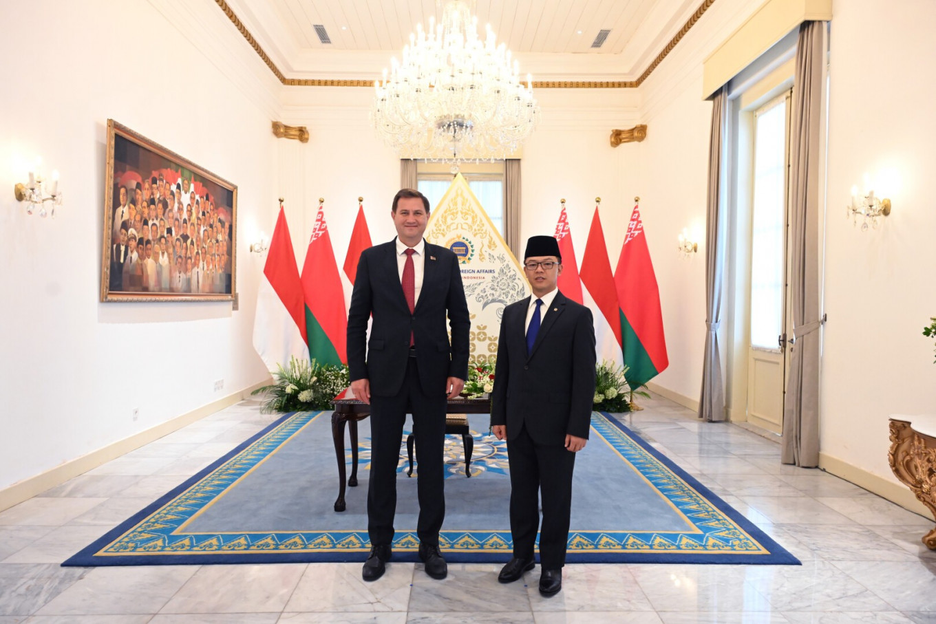 Foreign Minister Sugiono (right), receives Belarusian Foreign Minister Maxim Ryzhenkov during a courtesy meeting on June 30, 2026, in Jakarta, as part of preparations for the state visit of Belarusian President Aleksandr Lukashenko to Indonesia on July 2, 2026.