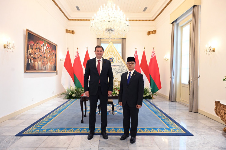 Foreign Minister Sugiono (right), receives Belarusian Foreign Minister Maxim Ryzhenkov during a courtesy meeting on June 30, 2026, in Jakarta, as part of preparations for the state visit of Belarusian President Aleksandr Lukashenko to Indonesia on July 2, 2026.