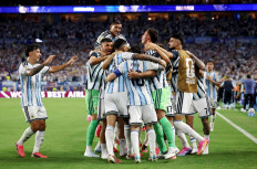 Argentina's Cristian Romero celebrates with temmates scoring their third goal in the FIFA World Cup 2026's Round of 32 match against Cape Verde at Miami Stadium in Florida, the United States on July 3, 2026.