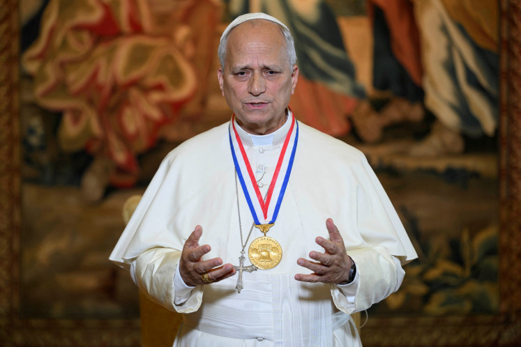 Pope Leo XIV addresses the National Constitution Center in Philadelphia via video link after receiving the Liberty Medal at the Vatican on July 3, 2026.