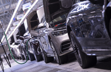 Mercedes-Benz S-Class passenger car are lined up on the assembly line at the Mercedes-Benz manufacturing plant in Sindelfingen, southern Germany, on Feb. 13, 2023.