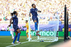 France's forward #10 Kylian Mbappe (second right) celebrates scoring his team's first goal during the 2026 World Cup round of 16 football match between Paraguay and France at the Philadelphia Stadium in Philadelphia on July 4, 2026.