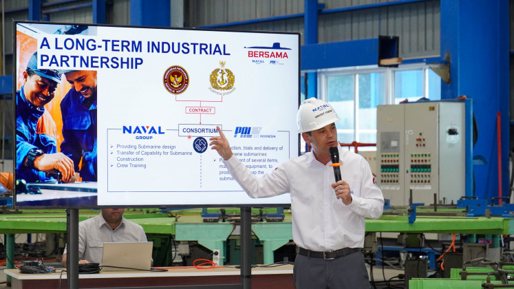 Naval Group's Indonesian production manager Vincent Vumont talks about the division of labor between the French shipyard and state-run shipyard PT PAL Indonesia in building Scorpene diesel-electric attack submarines during a press conference at the PT PAL's facilities in Surabaya on Thursday, July 2, 2026. Naval Group is acting as an advisor for the construction of two Scorpene Evolved submarines by PT PAL Indonesia.
