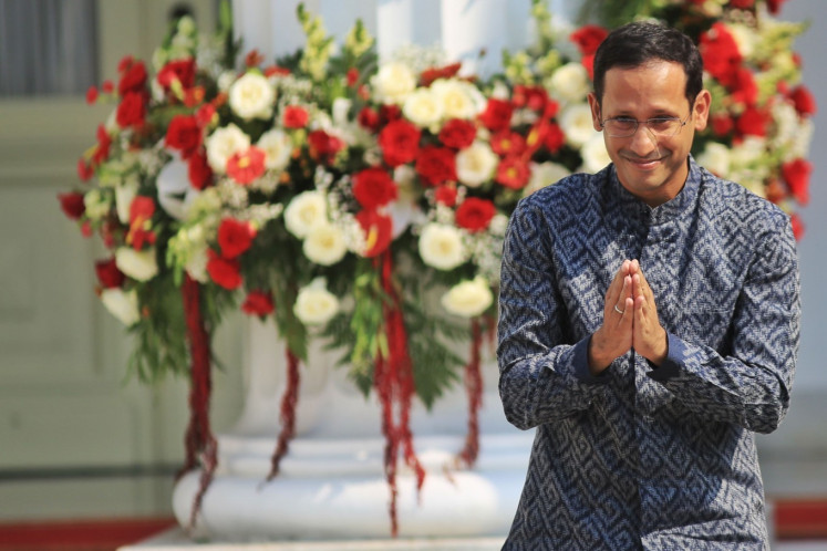 Education and Culture Minister Nadiem Makarim makes a gesture after the announcement of the Indonesia Onward Cabinet on Oct. 23. 