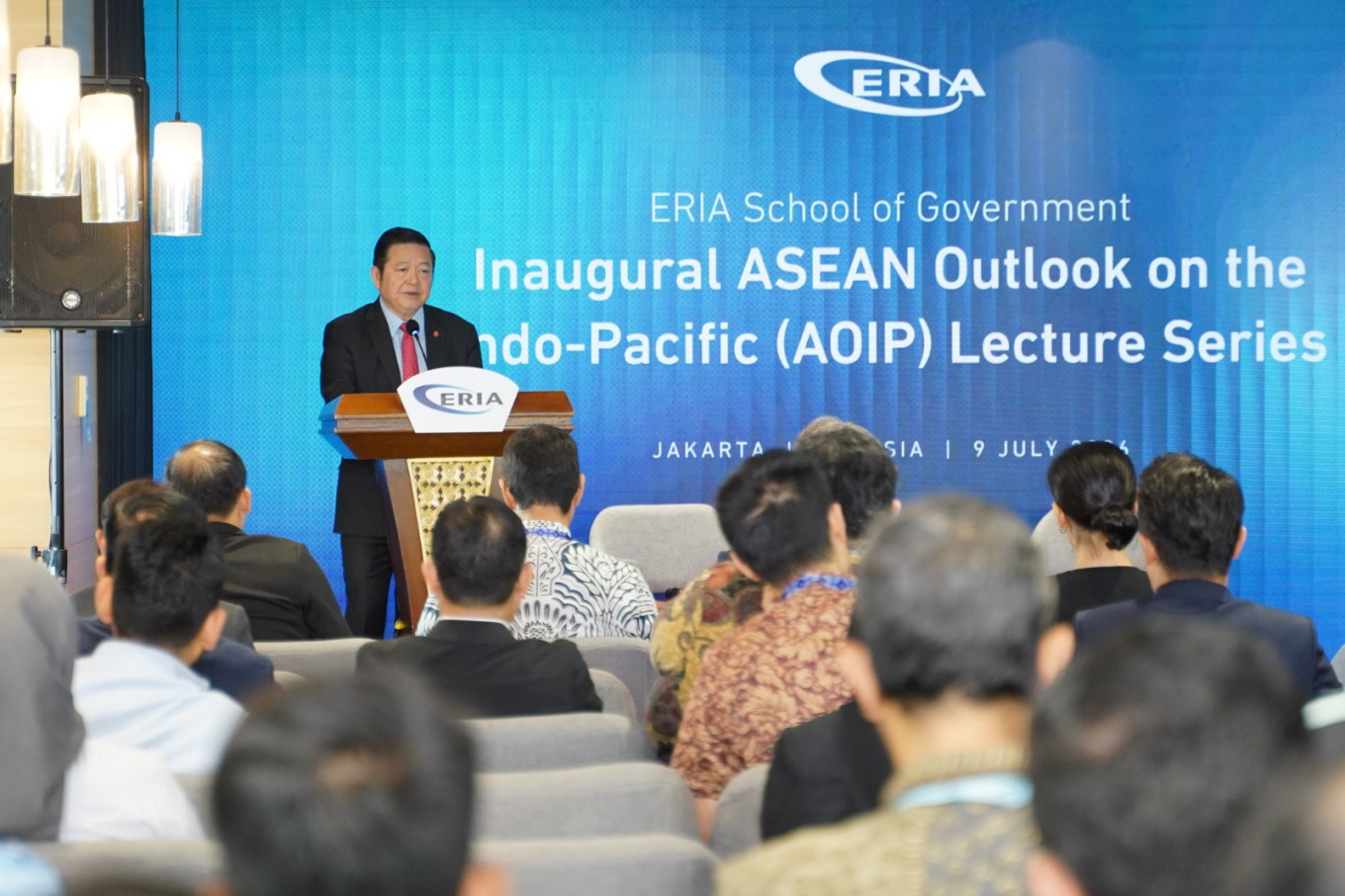 ASEAN Secretary General Kao Kim Hourn delivers a keynote speech at the inaugural ERIA-ASEAN ASEAN Outlook on Indo Pacific Lecture in Jakarta on July 9, 2026. The inaugural speech was hosted by Economic Research Institute for ASEAN and East Asia's (ERIA) School of Government. 