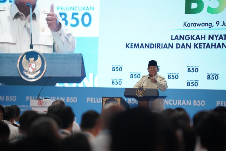 President Prabowo Subianto gestures on Thursday as he delivers remarks at the launch of Indonesia's B50 biodiesel program in Karawang, West Java.