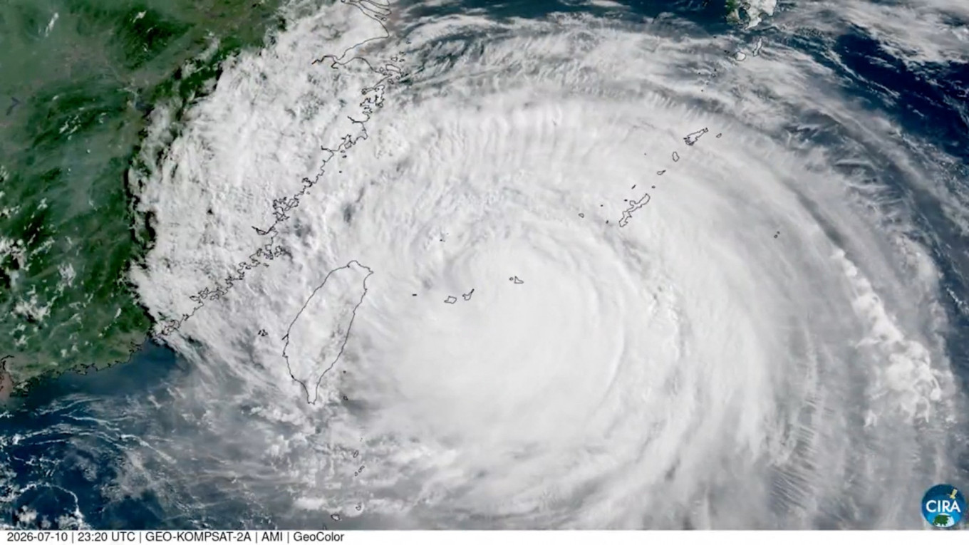 A satellite image shows Typhoon Bavi reaching Japan's Ryukyu Islands, bringing impact to them and Taiwan on July 10, 2026.