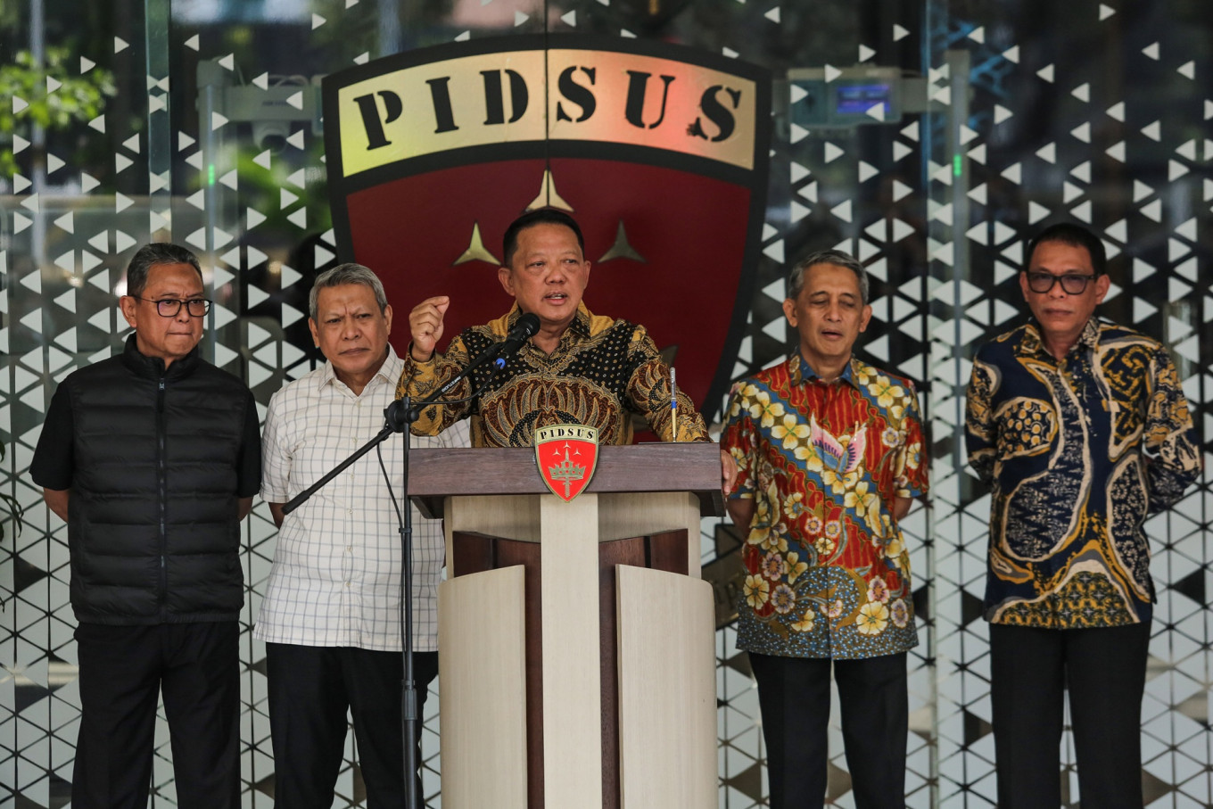 Febrie Adriansyah (center), the then-assistant attorney general for special crimes (Jampidsus), talks to journalists during a press briefing on July 10, 2026, at the Attorney General&rsquo;s Office (AGO) in Kebayoran Baru, South Jakarta.