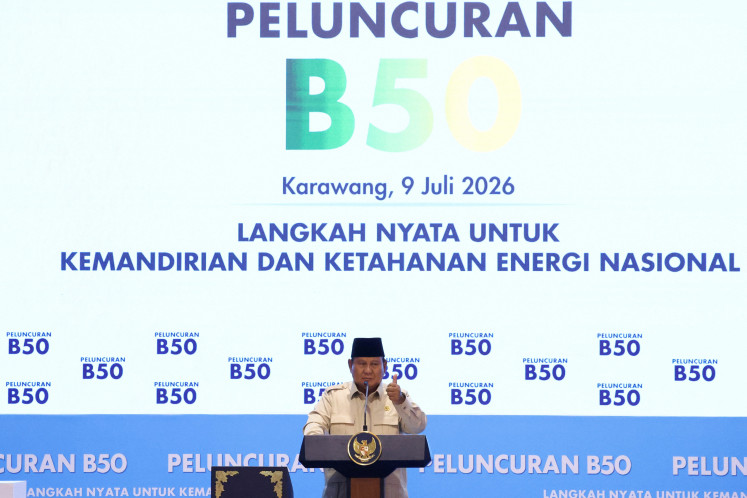 Indonesian President Prabowo Subianto gestures during a ceremony marking the start of the&nbsp;B50&nbsp;biodiesel program which involves biodiesel containing 50 percent diesel made from palm oil, on July .9 in Karawang, West Java.