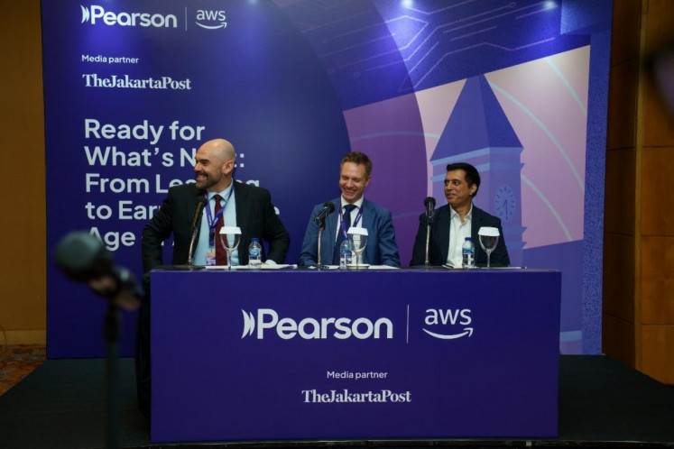 Pearson&rsquo;s Asia-Pacific executives attend a private media interview on July 4, 2026, at the JW Marriott hotel in Mega Kuningan, South Jakarta (from left): enterprise and learning skills leader Craig McFarlane, head of institutional language learning David Lyons and head of higher education Eklavya Bhave. (Courtesy of Pearson Education)