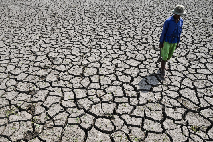 A farmer walks through an rice field fed by the Cimulu tributary that has dried up on July 16 in Ciwasmandi hamlet, Sukajaya village, Purbaratu district, Tasikmalaya, West Java.