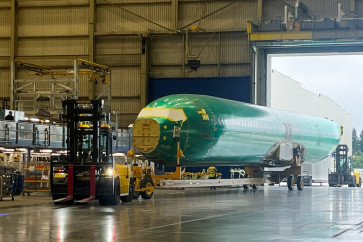 A fuselage arrives at Boeing's new &ldquo;North Line&ldquo; assembly line at the Boeing Everett Factory in Everett, Washington, the United States on July 8, 2026.