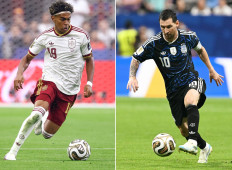 This combination of file photos created on July 18, 2026, shows Spain's forward #19 Lamine Yamal at the Dallas Stadium in Arlington on July 14, 2026 (left); and Argentina's forward #10 Lionel Messi in Atlanta on July 15, 2026. Spain and Argentina will meet in the 2026 World Cup football tournament final match at the New York/New Jersey Stadium in East Rutherford on July 19, 2026.