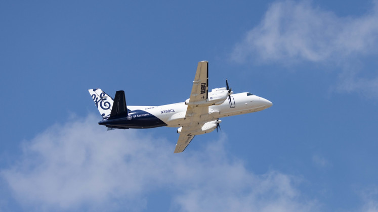 A SAAB 340 commuter airplane is shown with a GE Aerospace hybrid-electric engine on the starboard side in this undated picture.  GE Aerospace announced on Monday, July 20, 2026, at the Farnborough International Airshow an industry first to advance the future of flight, demonstrating the viability of more electric aircraft engine systems for aviation.