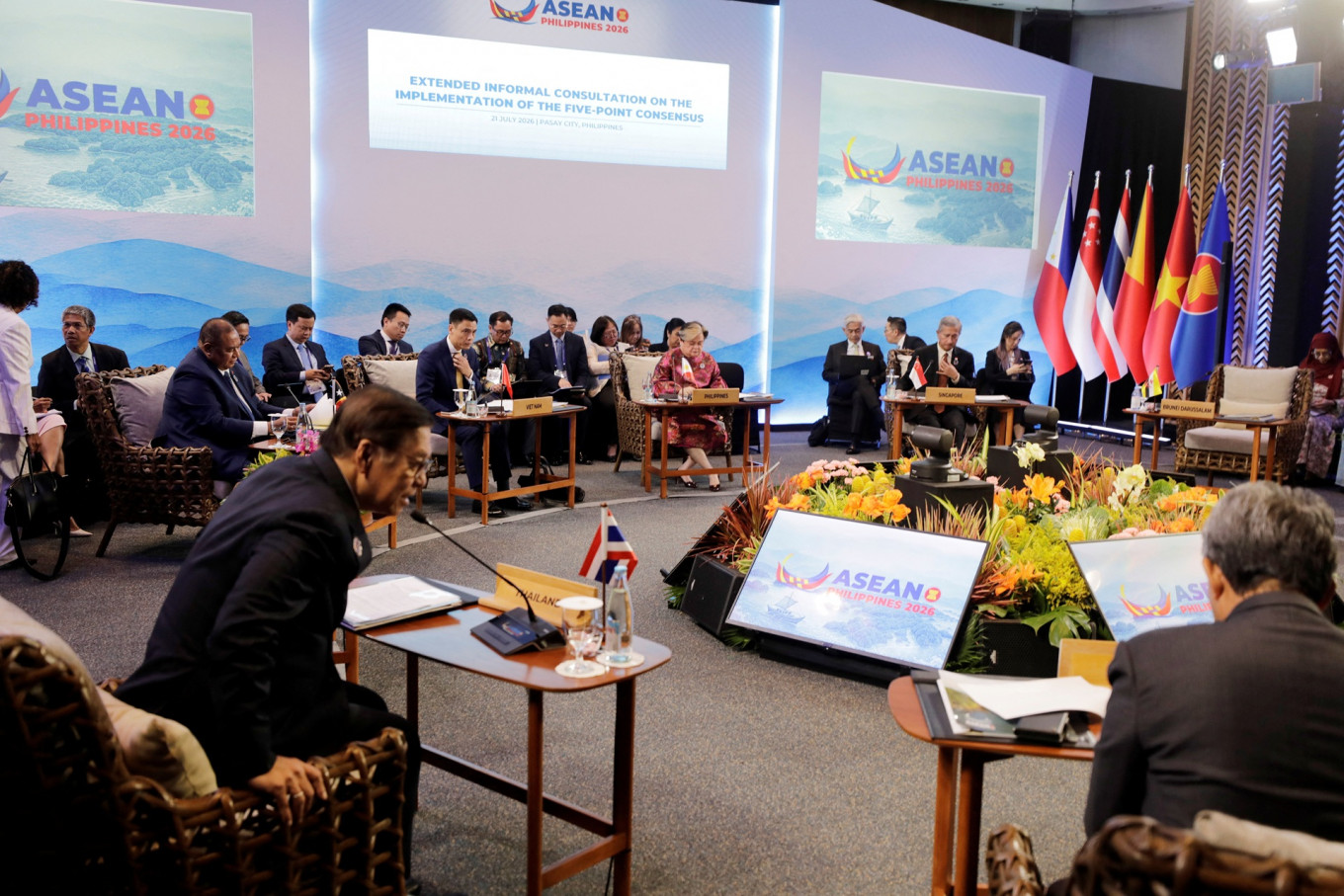 Philippine Foreign Secretary Theresa Lazaro (center) hosts an informal consultation on July 21, 2026, during the 59th ASEAN Foreign Ministers' Meeting at the Philippine International Convention Center in Pasay, Metro Manila.