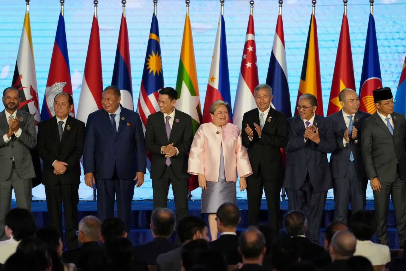 Philippines Foreign Secretary Theresa Lazaro and other leaders attend a group photo session during the High-Level Conference of the High Contracting Parties to the Treaty of Amity and Cooperation (TAC) on the sidelines of the Association of Southeast Asian Nations (ASEAN) Foreign Ministers' Meeting in Pasay, Metro Manila, on July 24, 2026.  