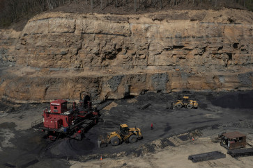 A drone view captures high wall mining operations to recover additional ore from mineral seams in Mercer County, West Virginia, the United States, on April 17, 2025.