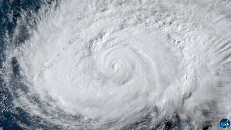 A satellite image shows Typhoon Dolphin approaching Japan's Okinawa, on Aug. 6, 2026. 