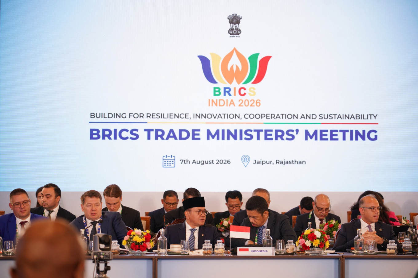 Trade Minister Budi Santoso (third left) speaks on Aug. 7-8, 2026, during the BRICS trade ministers&rsquo; meeting in Jaipur, India.
