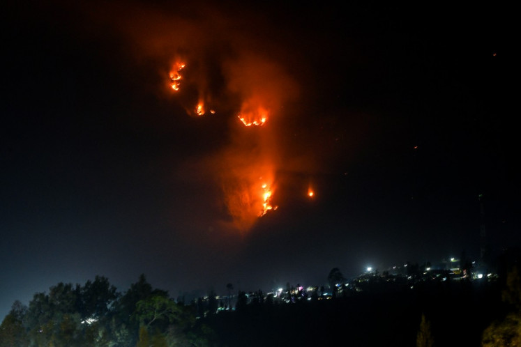 Wildfire flames and smoke rise above a forest in the Bromo Tengger Semeru National Park near Mount Bromo in Probolinggo, East Java, on August 10, 2026.