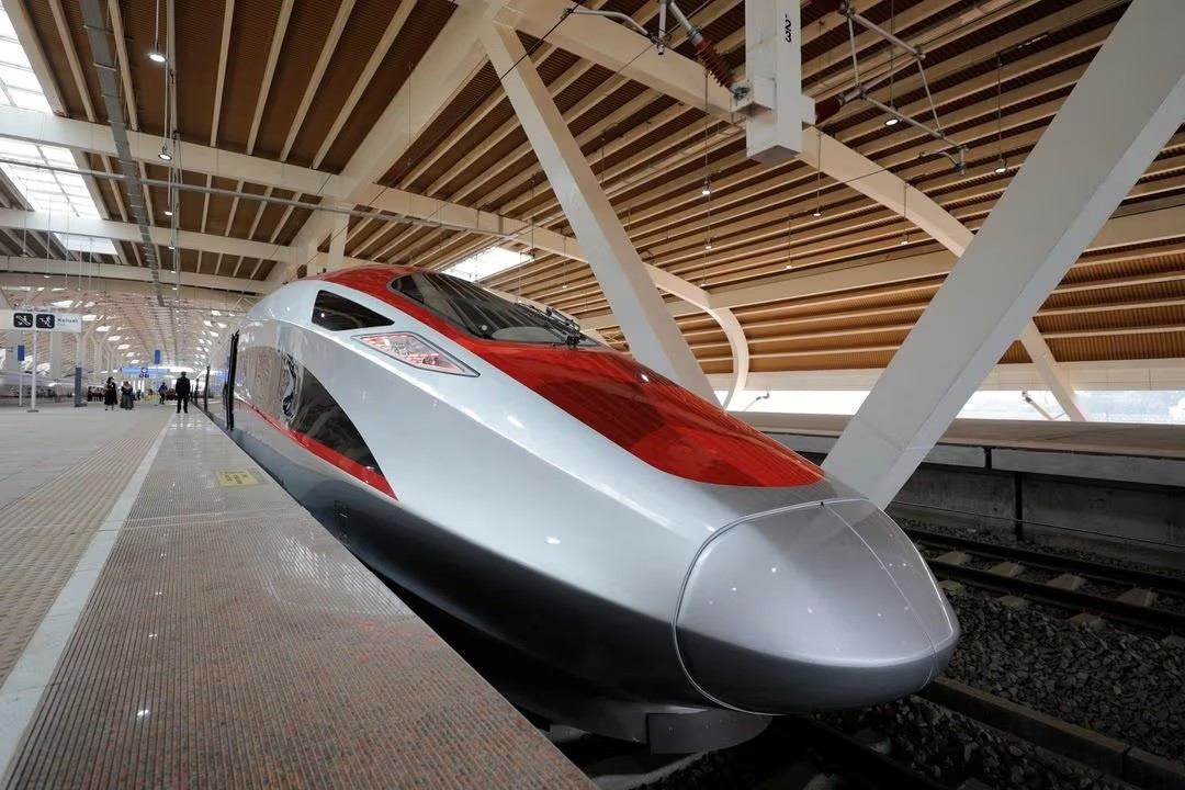 A China-backed high-speed railway train connecting Jakarta and Bandung called &ldquo;Whoosh&ldquo; is parked on Oct. 2, 2023, at Halim station in East Jakarta