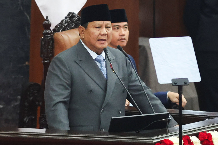 Indonesian President Prabowo Subianto (left) delivers his annual state of the nation address in front of members of the legislature as Vice President Gibran Rakabuming Raka sits next to him, ahead of the country's 81st Independence Day anniversary, in Jakarta on Aug. 14, 2026. 