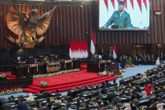 Indonesian President Prabowo Subianto delivers his annual state of nation address in front of members of the legislature, ahead of the country's 81st Independence Day anniversary, on Aug. 14 in Jakarta.