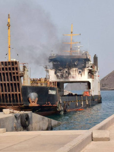 Damage to the cargo vessel MV Tihamah is visible in Murad, Yemen, on Aug. 11, 2026. Yemen's transport ministry said four crew members were killed after the vessel was attacked in the Bab el-Mandeb Strait.