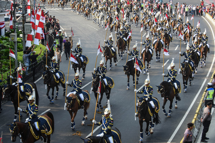 Mounted infantry troops march on Aug. 17, 2026, from the National Monument (Monas) to the Merdeka Palace in Central Jakarta ahead of the annual flag-hoisting ceremony to commemorate the 81st Independence Day.