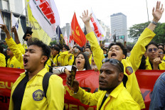 University of Indonesia (UI) students take part in a protest against wasteful state budget spending, President Prabowo Subianto's flagship programs and expanded military roles in civilian affairs in Central Jakarta, on Aug. 18, 2026.